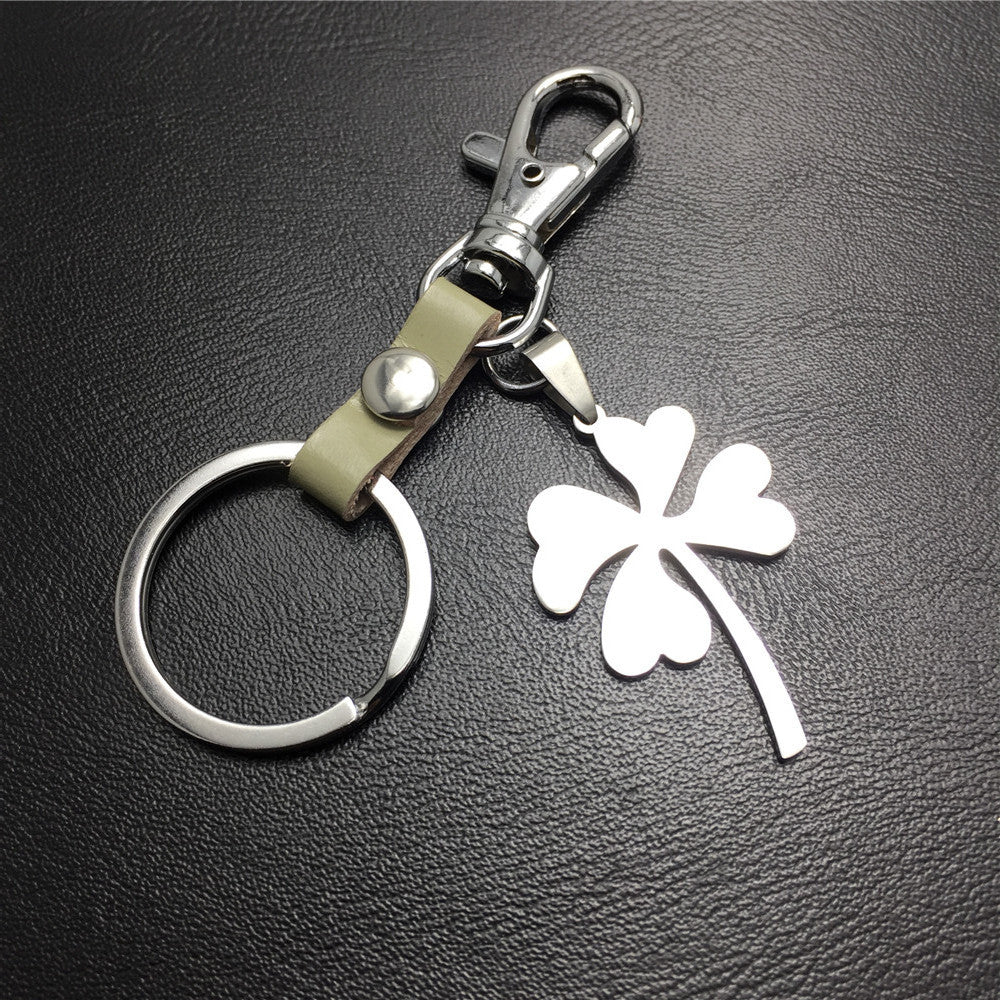 Four Leaf Lucky Flower Titanium Steel Pendant Leather Keychain Pendant Accessories