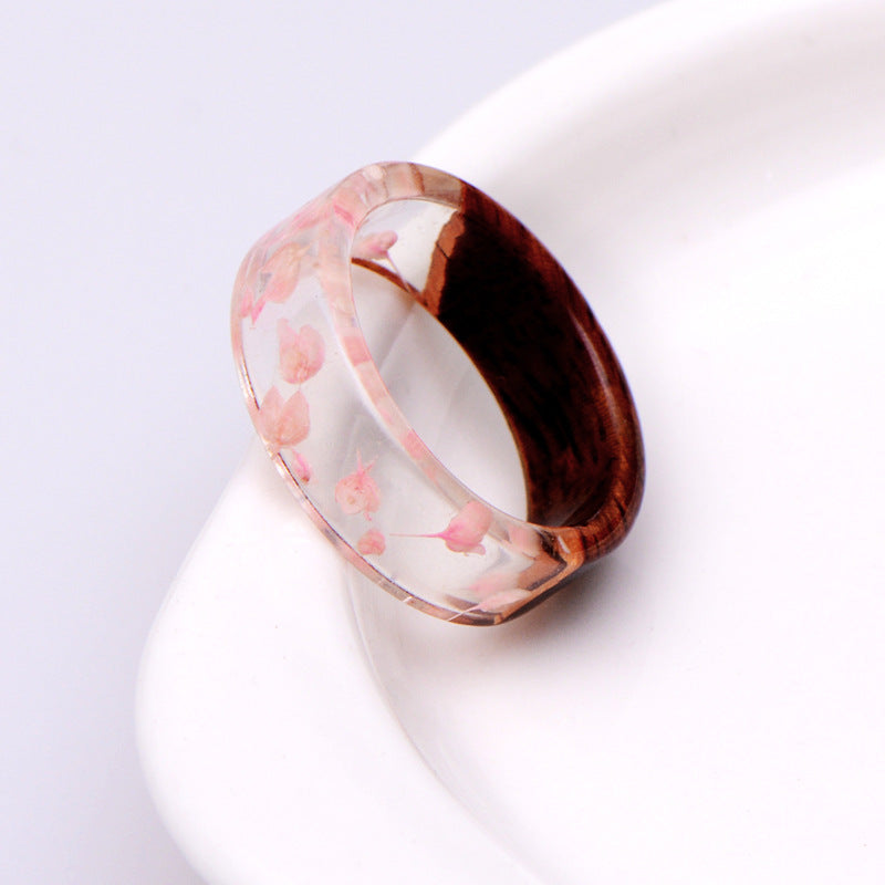 ins retro hand jewelry creative plant resin wood transparent ring