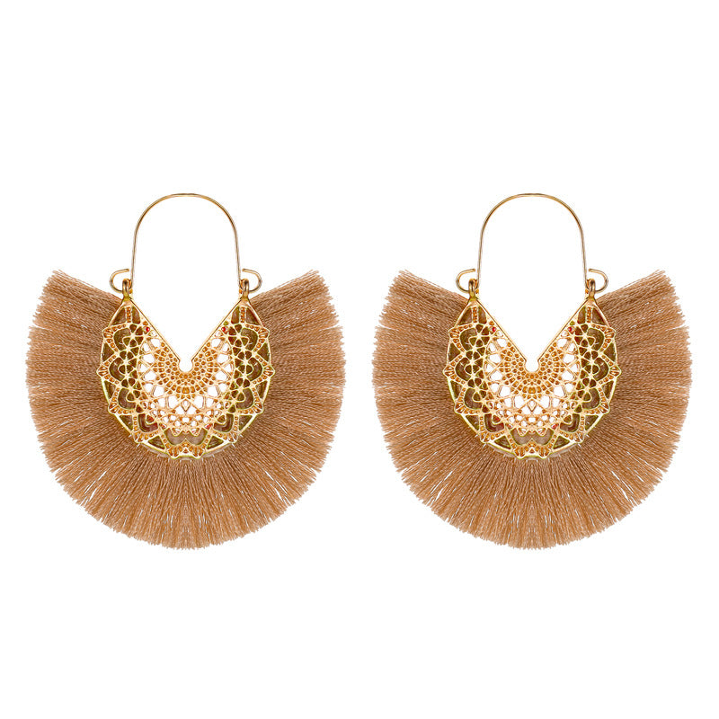 Ethnic tassel earrings retro exaggerated fan-shaped lace pattern earrings earrings earrings