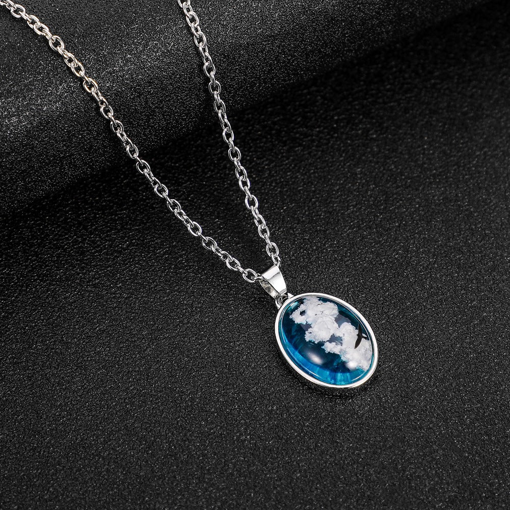 ETSY Creative Handmade Jewelry Blue Sky White Cloud Eagle Pendant Oval Transparent Resin Necklace