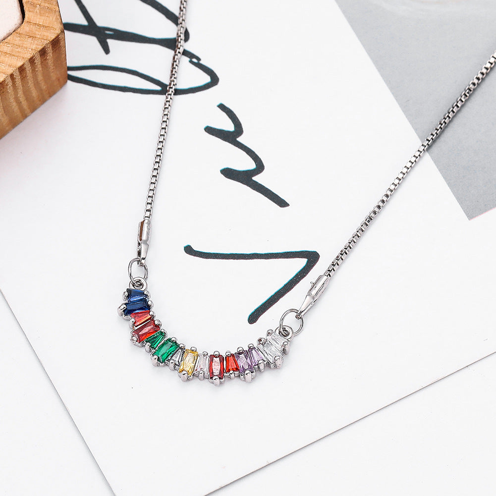 Colorful zircon curved small pendant seven-color rainbow copper micro-set clavicle chain necklace