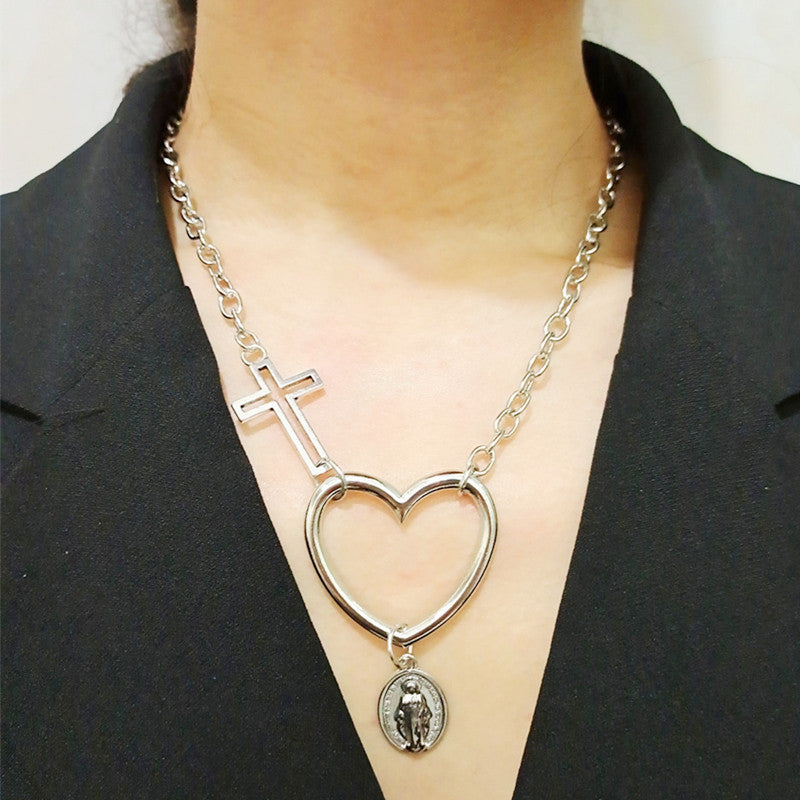 Jewelry Exaggerated Hollow Peach Heart Hollow Cross Virgin Mary Pendant Necklace Female