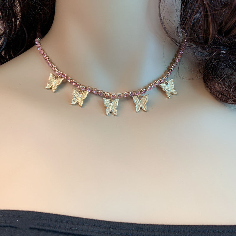 INS fashion butterfly pendant full of zircon hip-hop male and female necklace collarbone chain