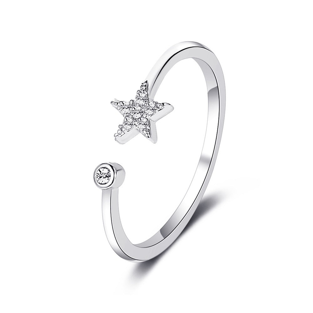 Sweet and simple five-pointed star ring, fresh and versatile, diamond-studded star opening, female ring, literary student's hand jewelry