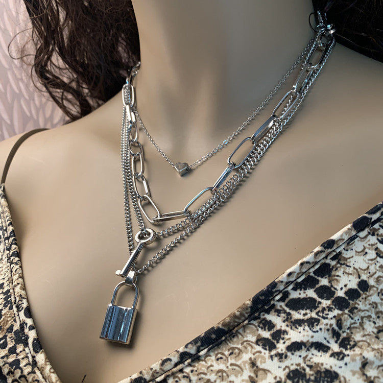 Jewelry Simple Exaggerated Thick Chain Necklace Women's Retro Multi-layer Geometric Lock Heart Necklace