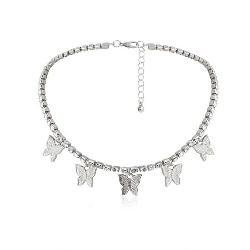 Jewelry personality geometric single-layer three-dimensional rhinestone pendant temperament diamond studded small butterfly tassel necklace