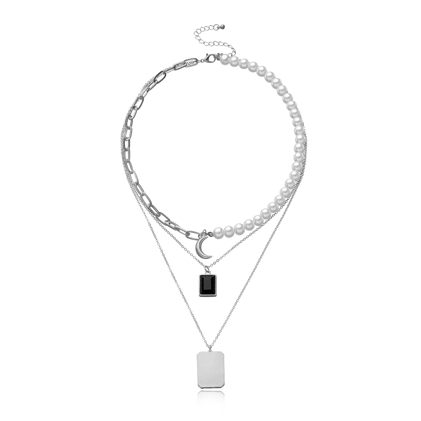 Jewelry Fashion Multilayer Pearl Gem Crescent Pendant Necklace Female Retro Handmade Necklace