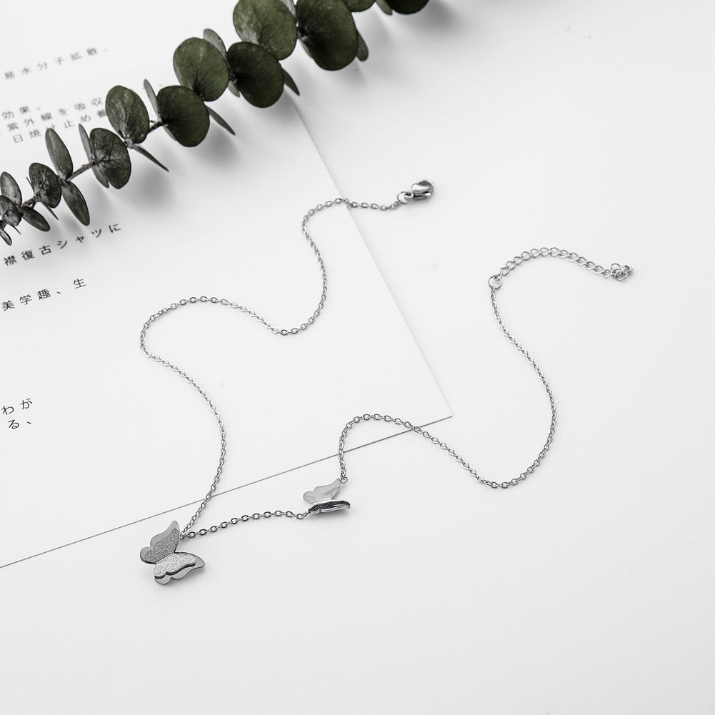 Fashion double frosted butterfly titanium steel pendant neck link simple stainless steel necklace jewelry for women