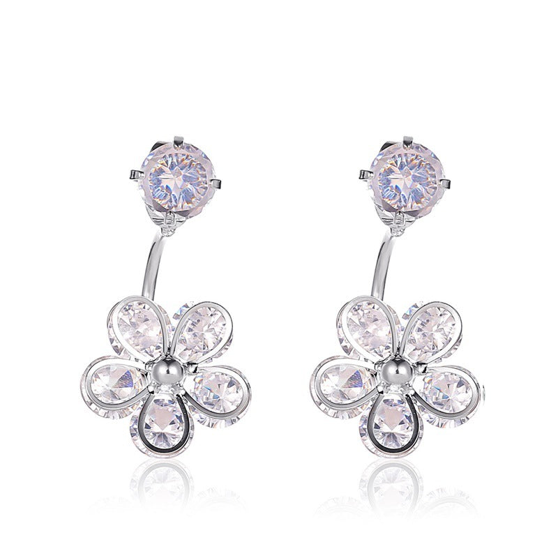 Ins cold five-petal flower back hanging earrings sweet crystal flower earrings net red earrings
