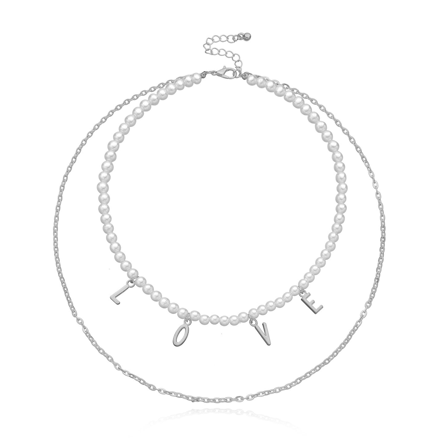 Jewelry Fashion Pearl Geometric Double Chain Necklace Female Popular English LOVE Letter Necklace
