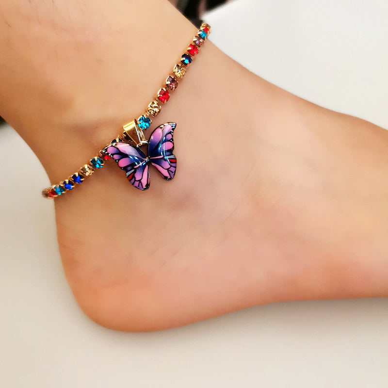 Creative Rhinestone Butterfly Pendant Anklet Women's Popular Butterfly Element Shiny Diamond Foot Jewelry for Women