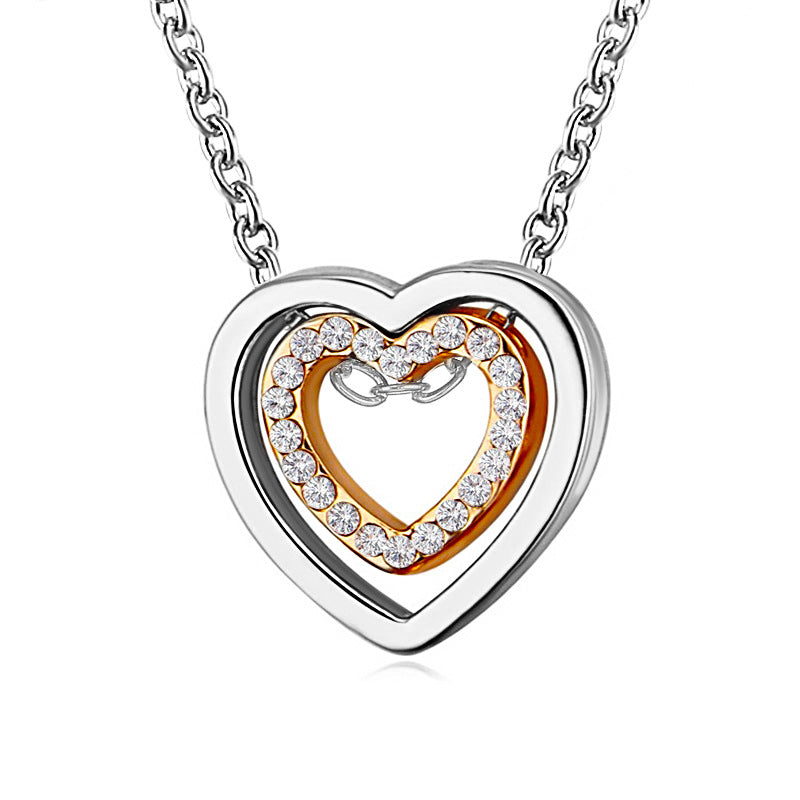 Simple Double Love Necklace Fashion Versatile Full Diamond Hollow Crystal Double Heart Pendant Clavicle Chain Trend Jewelry