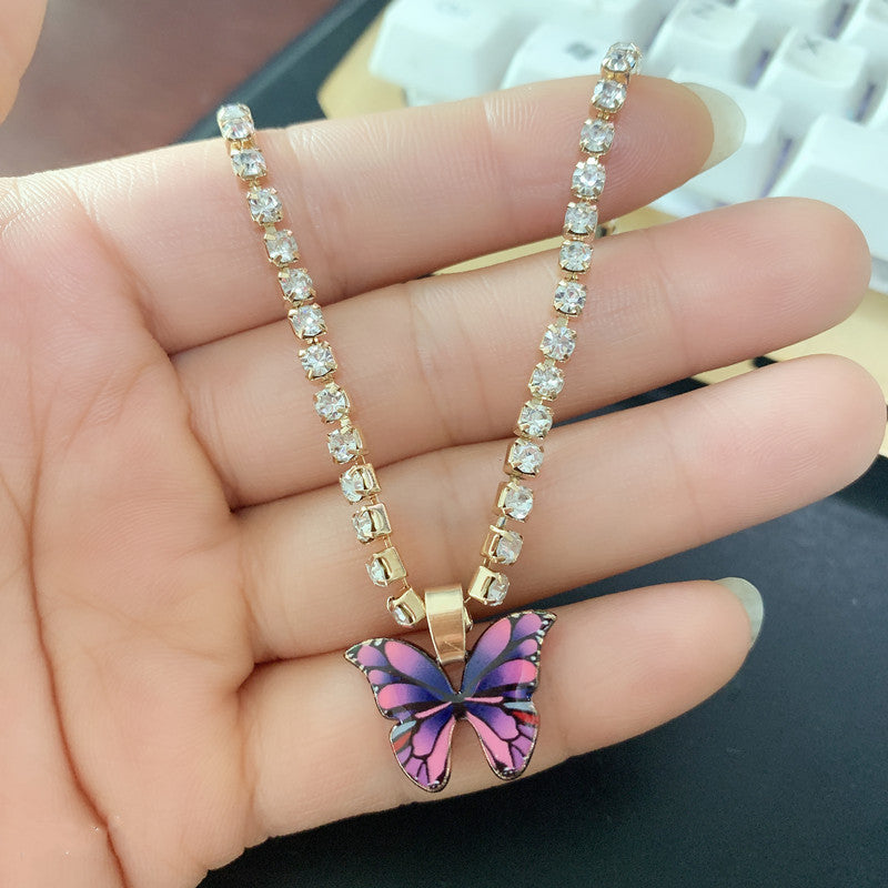 Accessories Personalized Colorful Claw Chain Drill Necklace Simple Drip Oil Symphony Butterfly Pendant Necklace