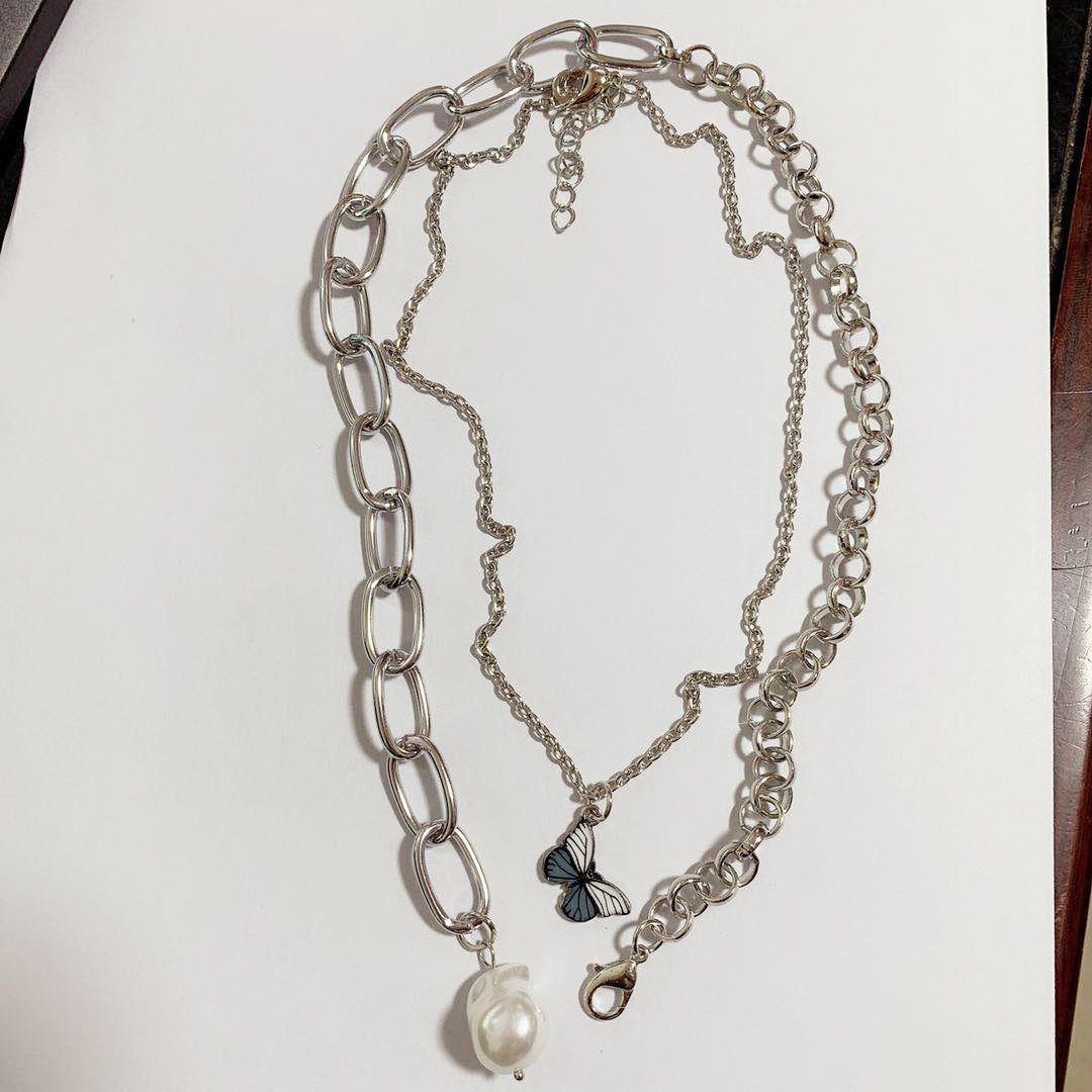 Jewelry Retro Colorful Butterfly Baroque Shaped Pearl Necklace Female Clavicle Chain Two-piece Set