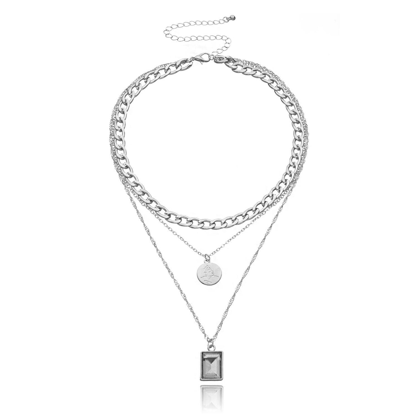 Jewelry Fashion Geometric Square Glass Pendant Necklace Female Exaggerated Aluminum Chain Disc Multilayer Necklace