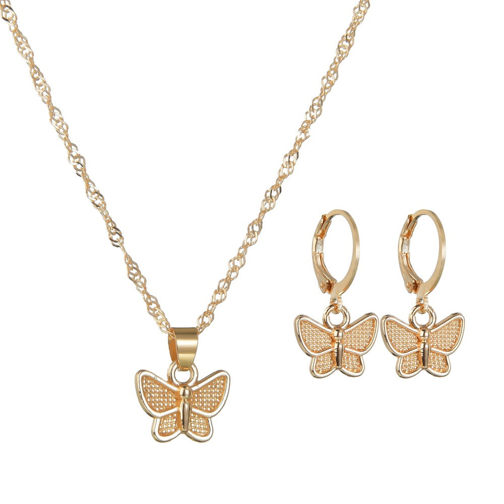 Gold Butterfly Round Buckle Earrings Necklace Accessories Simple Fashion Two-Piece Set Ornaments