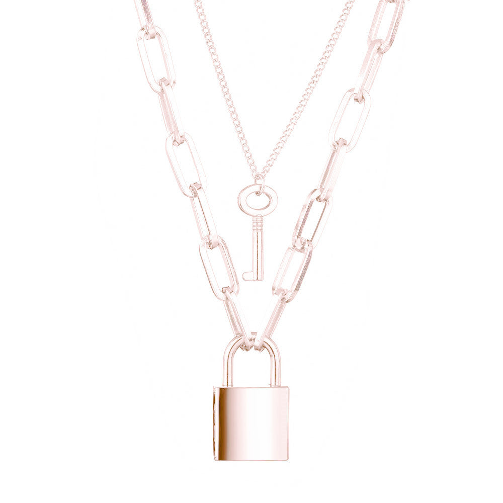 Jewelry Trendy Geometric Lock Pendant Necklace Punk Street Rock Hip Hop Double Layer Necklace Necklace