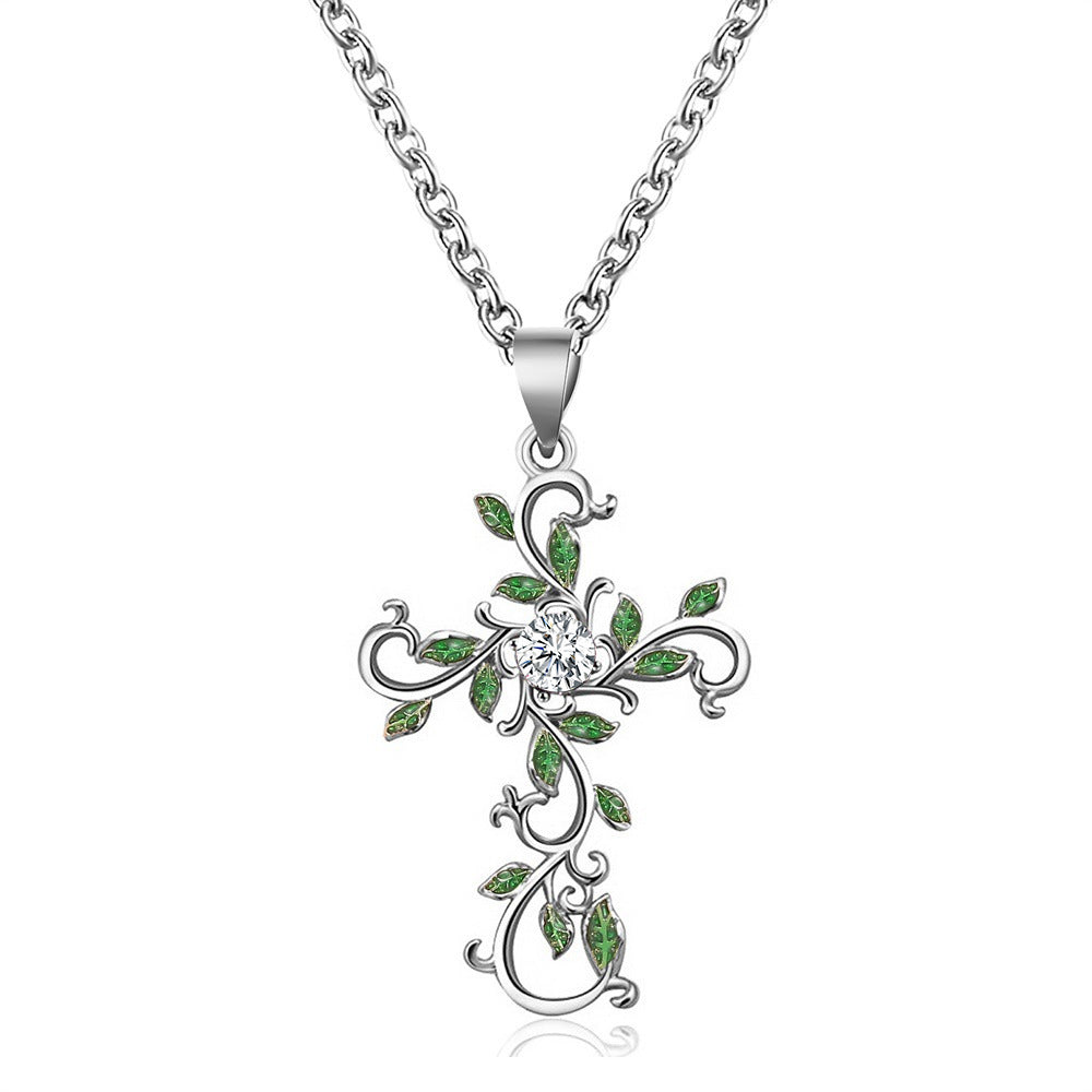 Personality Flower Cross Necklace Fashion Temperament Diamond-studded Leaf Clavicle Chain Simple Necklace Female