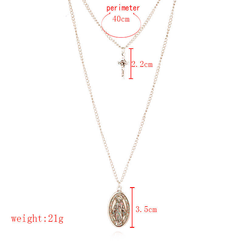 Grid Long Chain Cross Necklace Alloy Virgin Pattern Pendant Necklace
