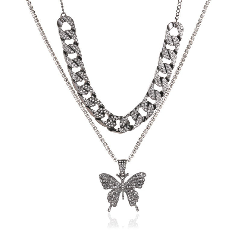Cuban double-layer big butterfly necklace with exaggerated personality full of diamonds thick chain necklace ins net red accessories