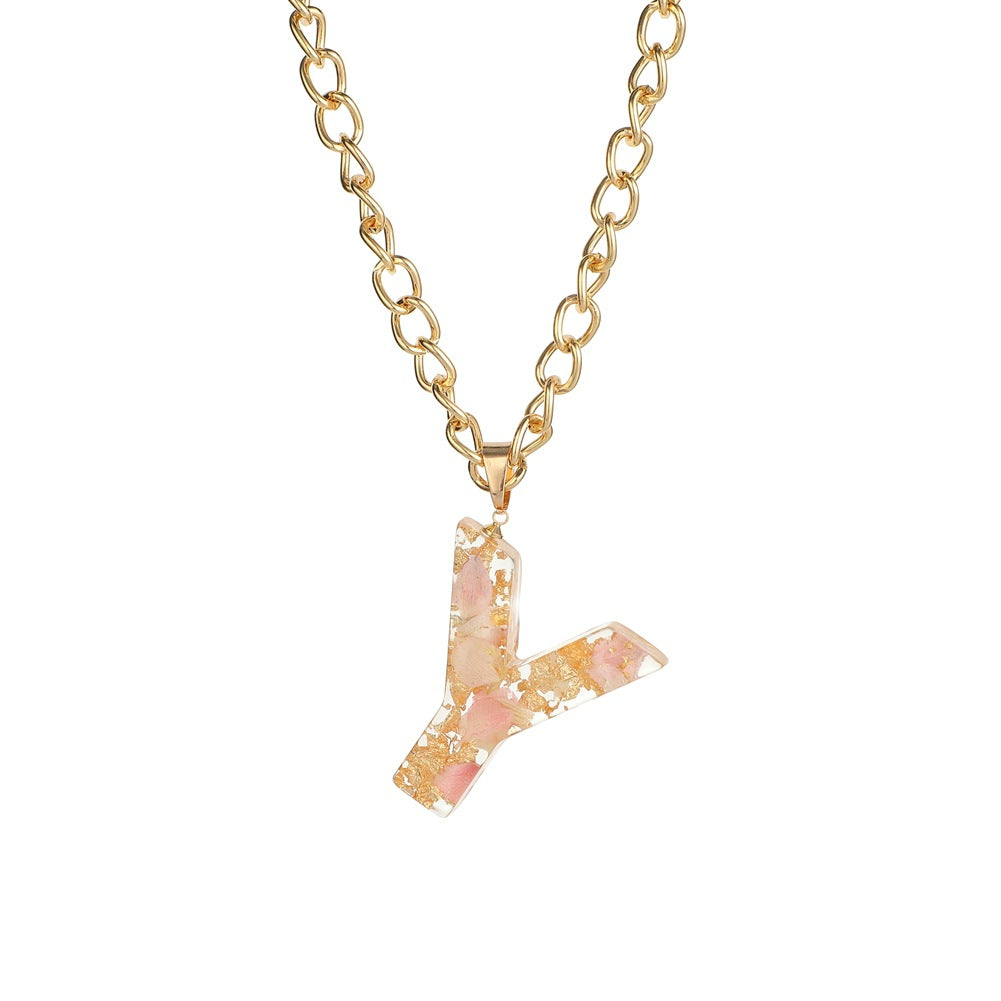 Popular temperament simple transparent resin dried flower pendant ins26 English letters personalized hip-hop necklace