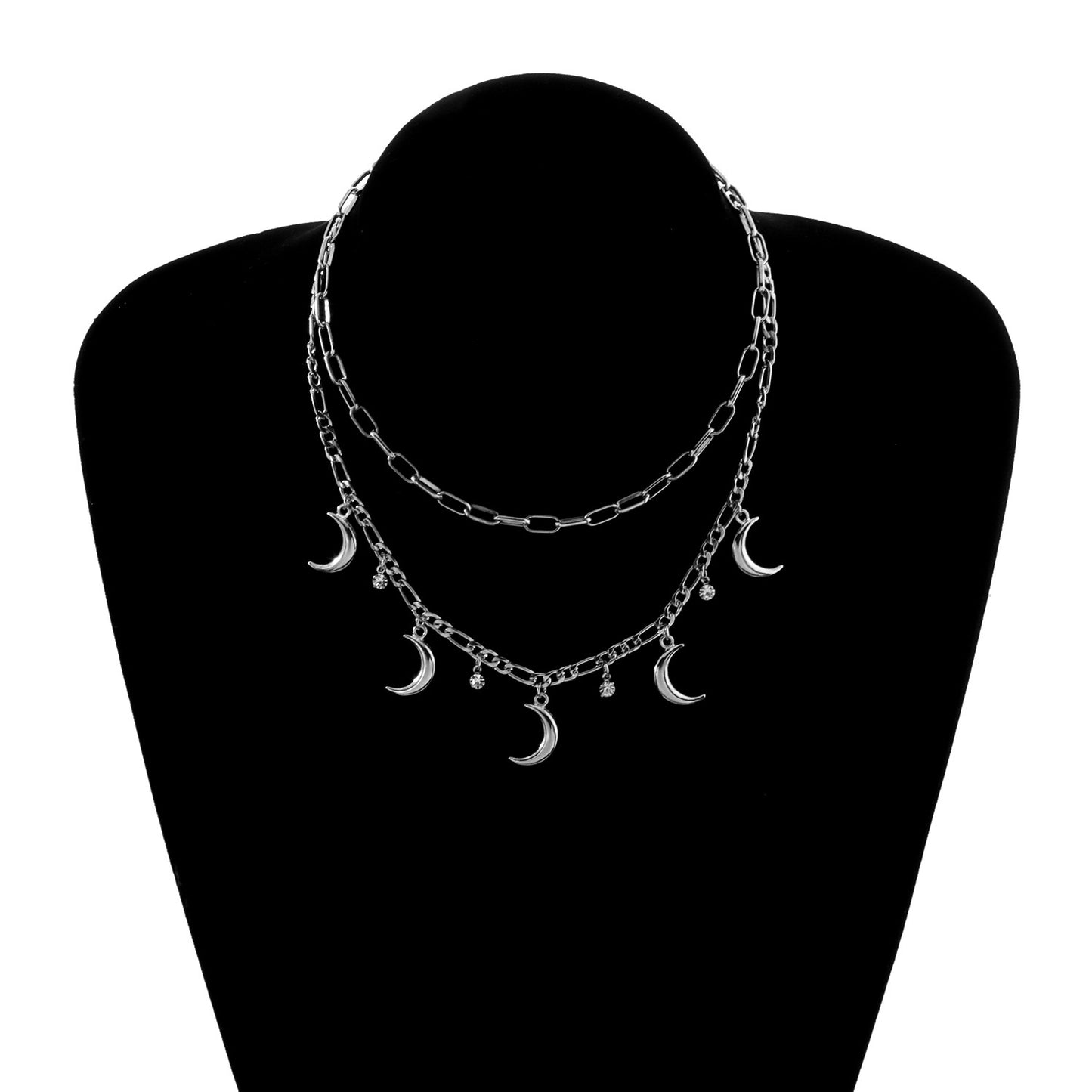 Jewelry Geometric Metal Crescent Rhinestone Pendant Necklace Women's Fashion Trendy Multi-layer Sweater Necklace