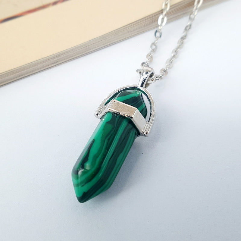 Crystal Hexagon Pillar Pendant Necklace Natural Stone Alloy Necklace Clavicle Chain