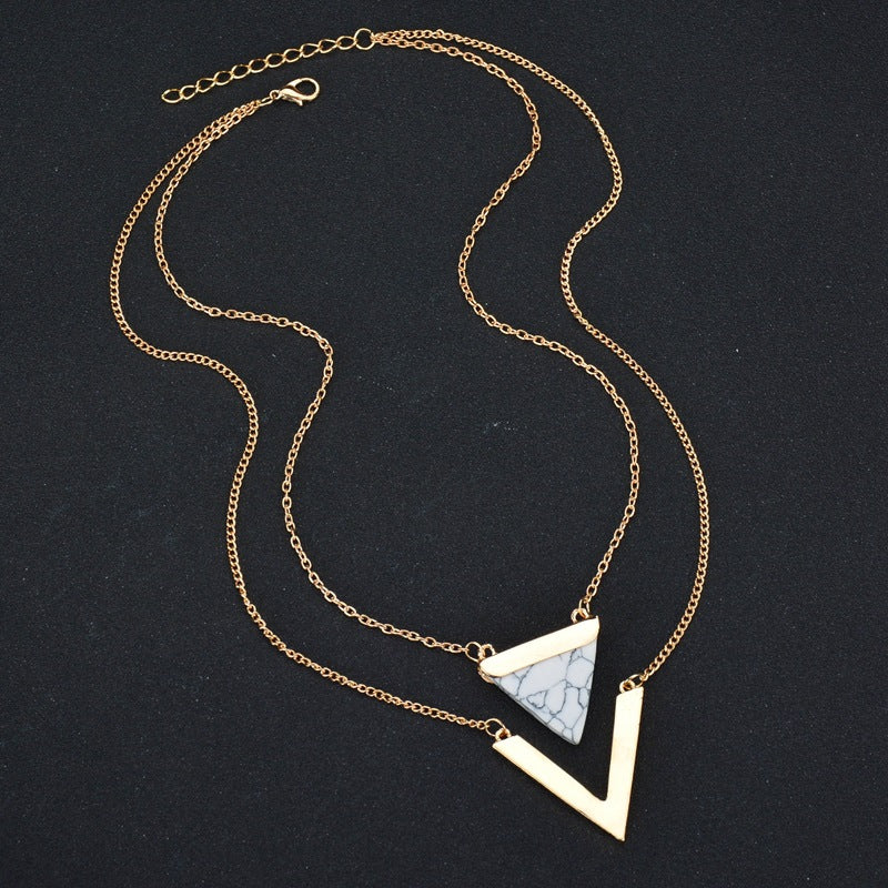 Popular official website with the same triangle turquoise pendant necklace V-shaped double-layer clavicle chain