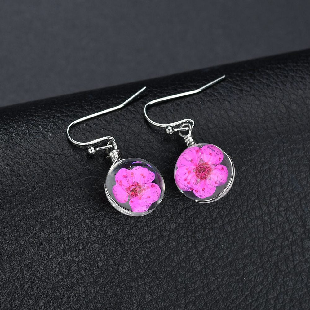 Retro Fashion Temperament Real Flowers Dried Flowers Crystal Ball Pendant Earrings Female Scenic Ethnic Jewelry