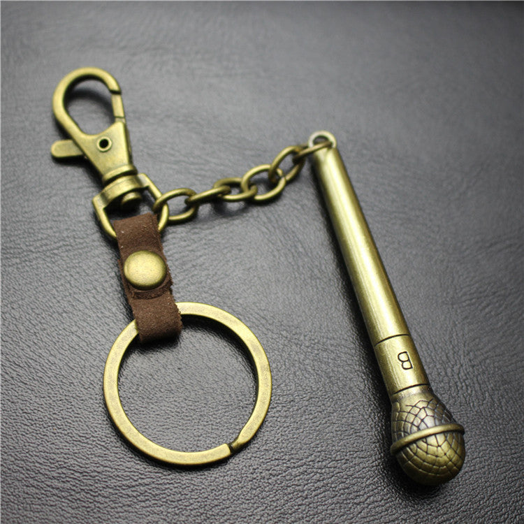 Long handle microphone microphone keychain antique silver bronze key ring jewelry bag pendant pendant