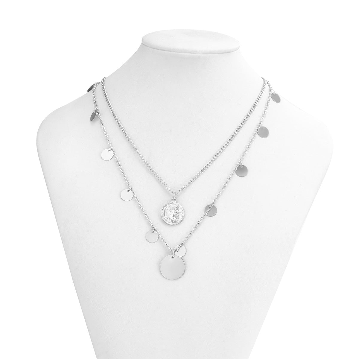 Jewelry Simple Metal Three-dimensional Geometric Necklace Retro Portrait Sequin Tassel Double Layer Necklace Female