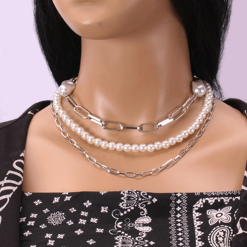 Fashionable retro multi-layer socket whip chain necklace trend multi-layer heterosexual pearl necklace three-piece set
