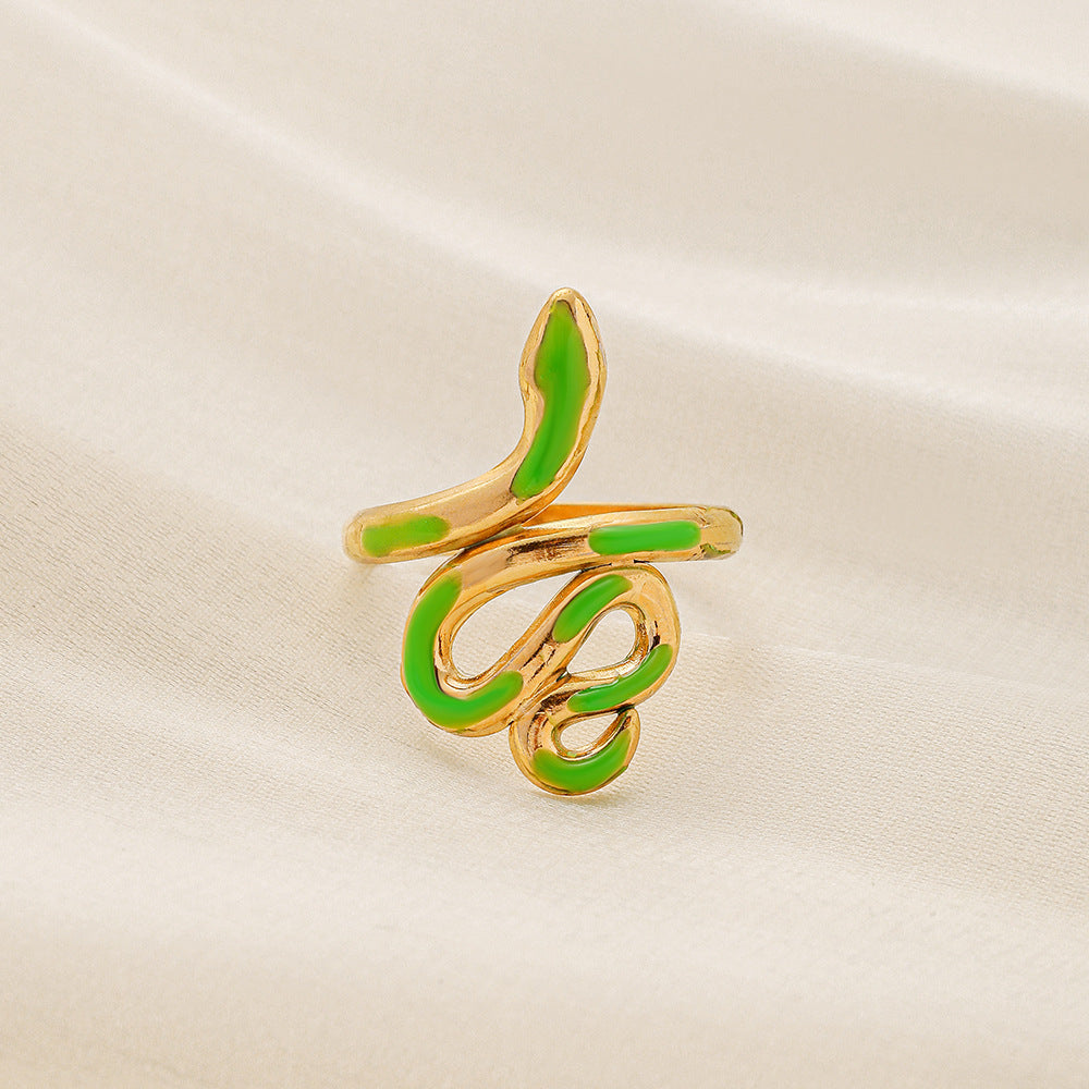 Trendy light luxury niche design green dripping oil snake-shaped stainless steel men's and women's rings