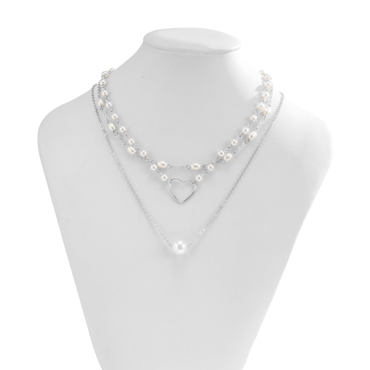 Jewelry simple round bead metal chain necklace temperament imitation pearl heart-shaped multi-layer necklace female