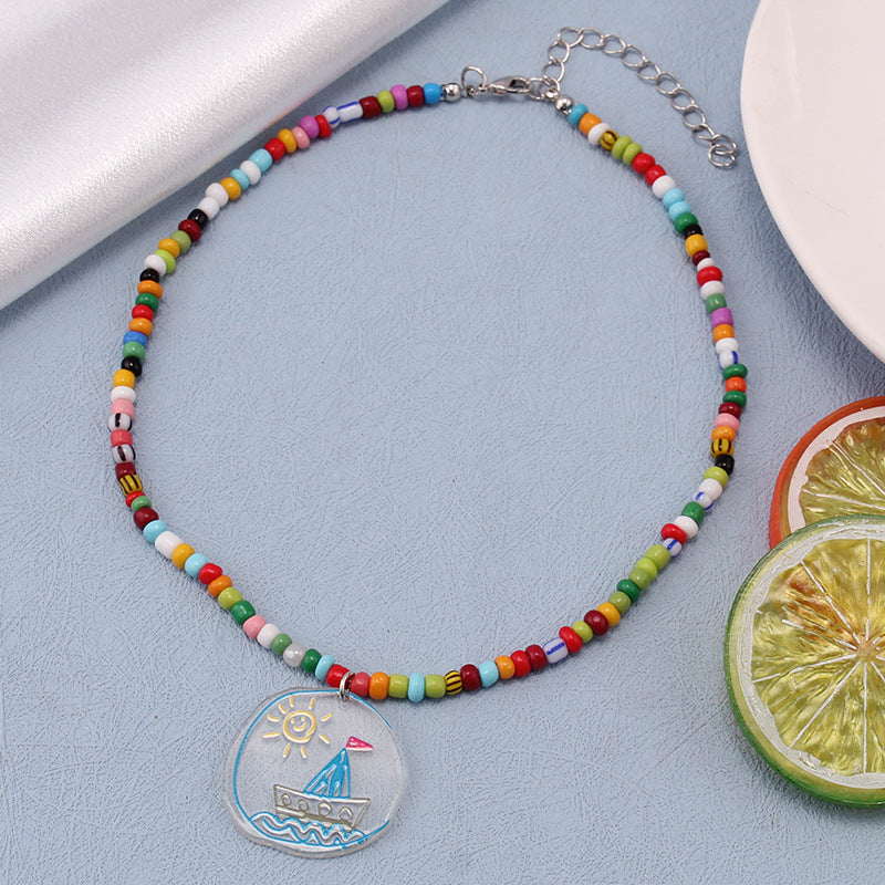 Ethnic color rice beads with acrylic pendant necklace bohemian fashion choker neck chain