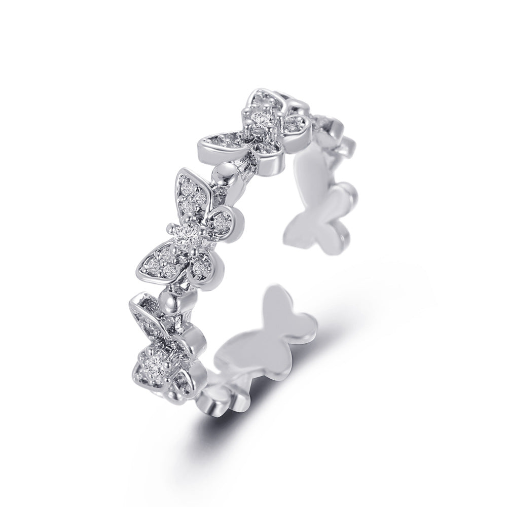 Full diamond opening butterfly ring ins cold simple zircon adjustable ring female