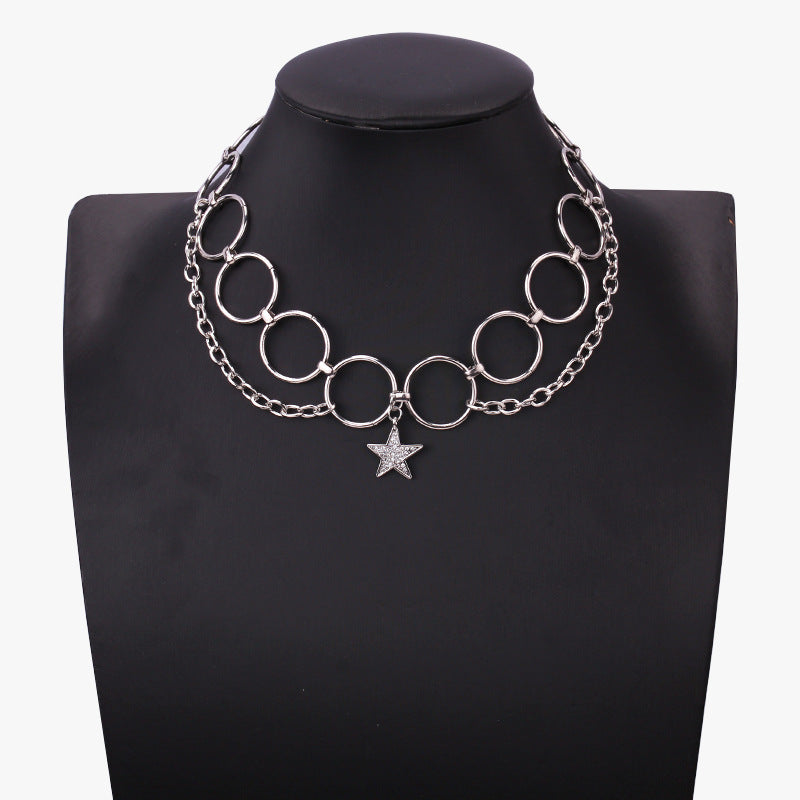 Jewelry Personality Creative Hollow Ring Chain Necklace Female Simple Diamond Pentagram Pendant Necklace
