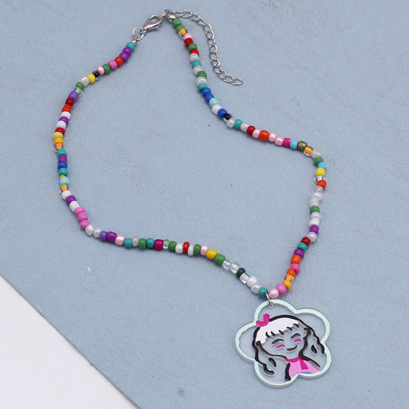 Colorful Beaded Necklace Cartoon Cute Niche Colorful Beaded Necklace Girl Heart Clavicle Chain Short Pendant