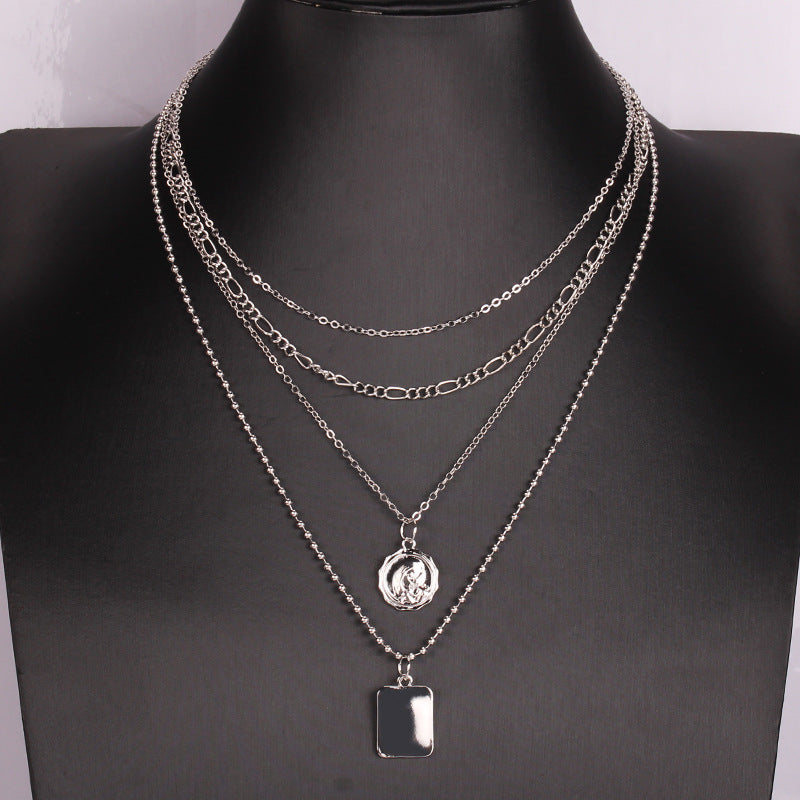 Jewelry Retro Beauty Avatar Pendant Necklace Female Fashion Rectangular Multilayer Chain Accessories