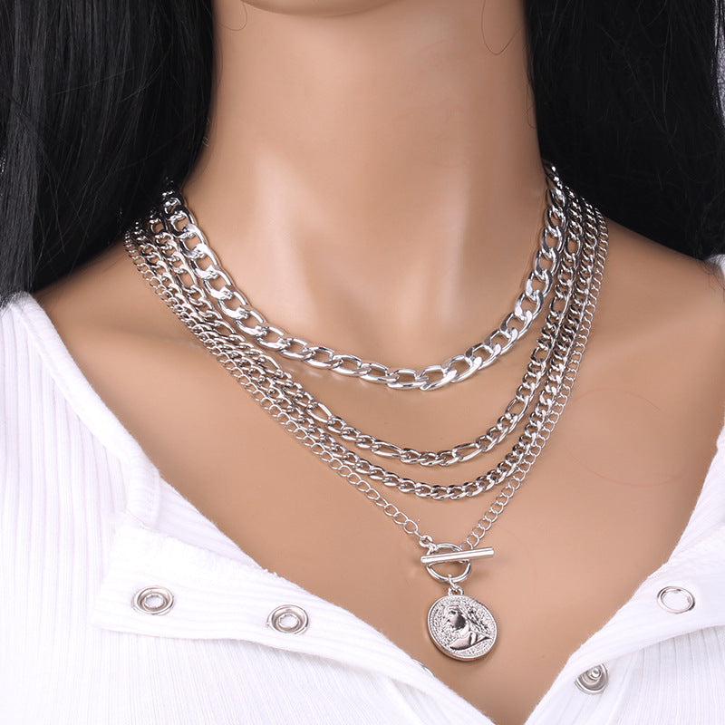 Jewelry Retro Simple Geometric Hollow Chain Necklace Fashion Portrait Metal Aluminum Chain Clavicle Chain