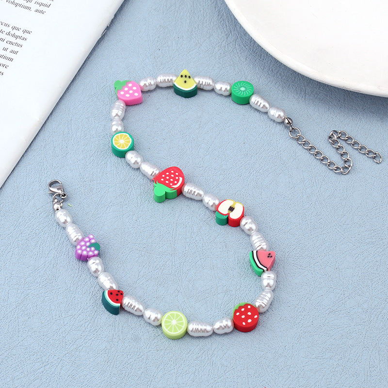 Fashion trend net red imitation pearl soft pottery flower clavicle chain ins a variety of fruit necklace