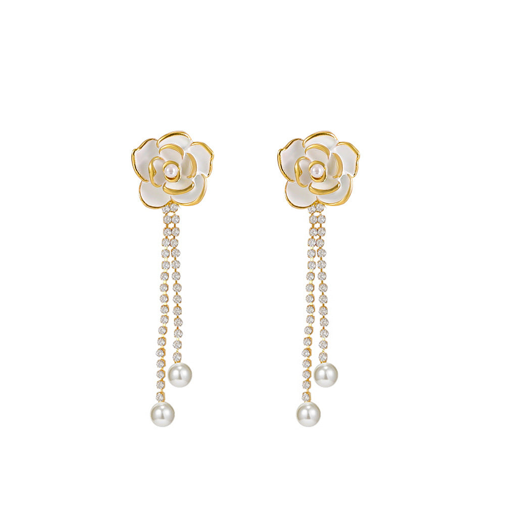 Retro Diamond Black Camellia Earrings Women's Fashion Personality Temperament Long Tassel Pearl Earrings
