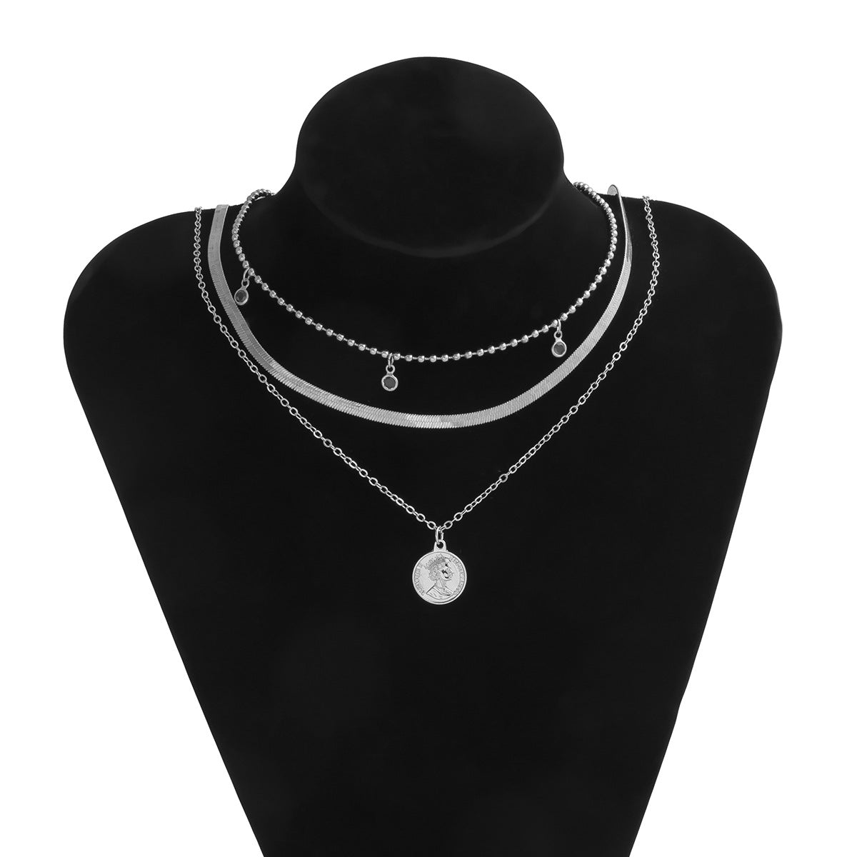 Jewelry Simple Round Bead Snake Bone Chain Necklace Retro Portrait Multi-layer Embossed Imitation Crystal Necklace