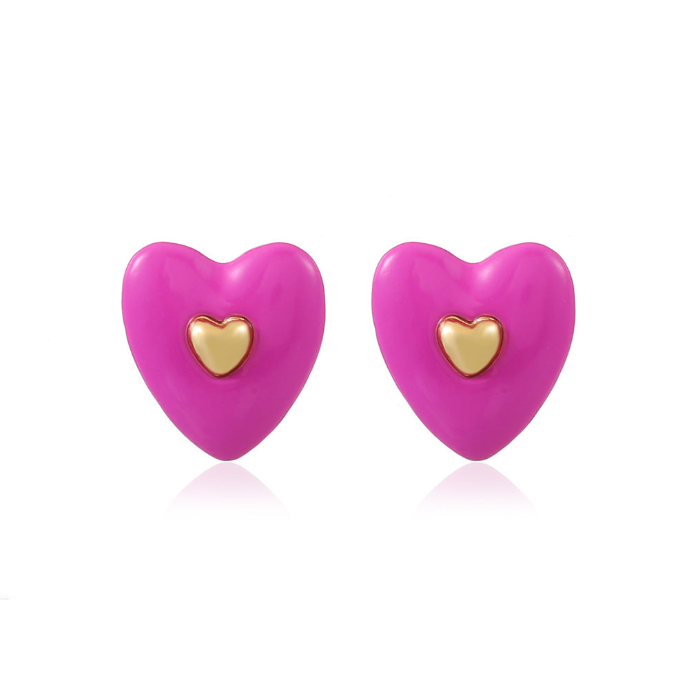 ins enamel drop oil inlaid love earrings fashion temperament niche design peach heart earrings simple earrings