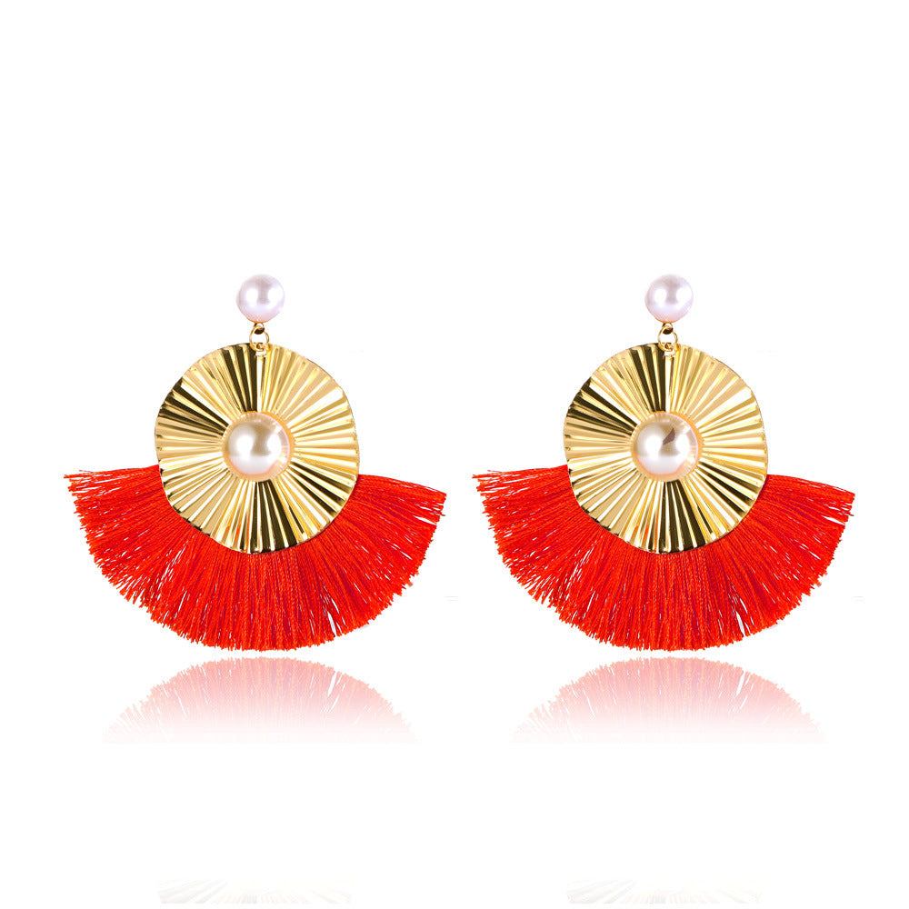 Exaggerated Metal Tassel Earrings Bohemian Fan-shaped Irregular Earrings Retro Geometric Pearl Earrings