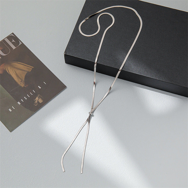 Adjustable pull rope blade chain titanium steel necklace simple round bead clavicle chain minimalist stainless steel long bead