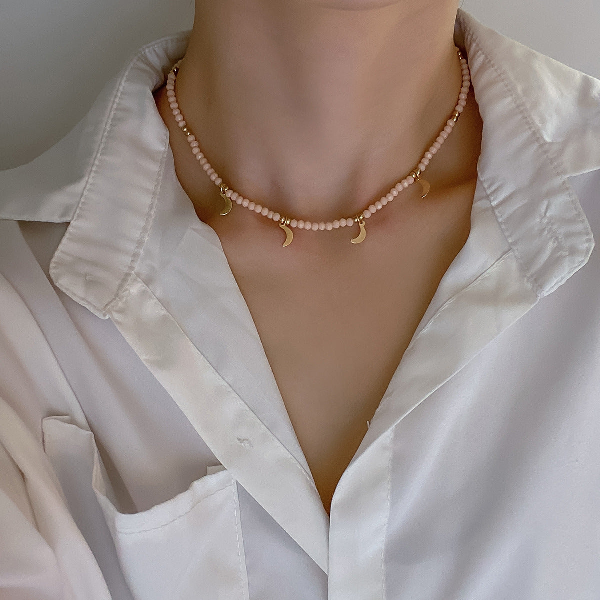 Jewelry Personality Cold Crystal Beaded Necklace Simple Metal Star and Moon Pendant Clavicle Necklace