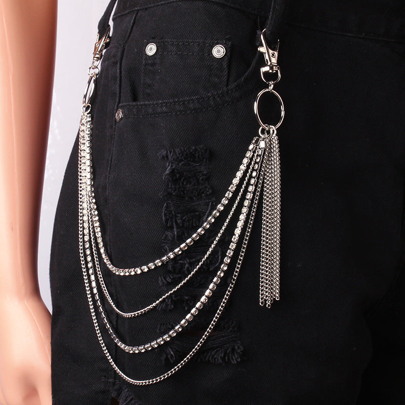 Jewelry metal ring multiple tassel chain ins trend diamond four-layer trouser chain