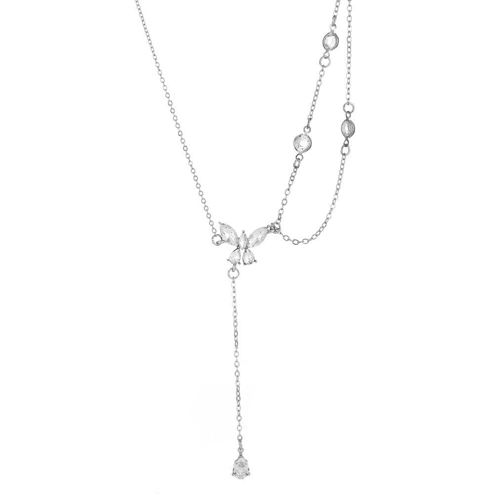 Ins Crystal Butterfly Pendant Necklace Fashion Light Luxury Niche Design Double Stacked Simple Clavicle Chain Women