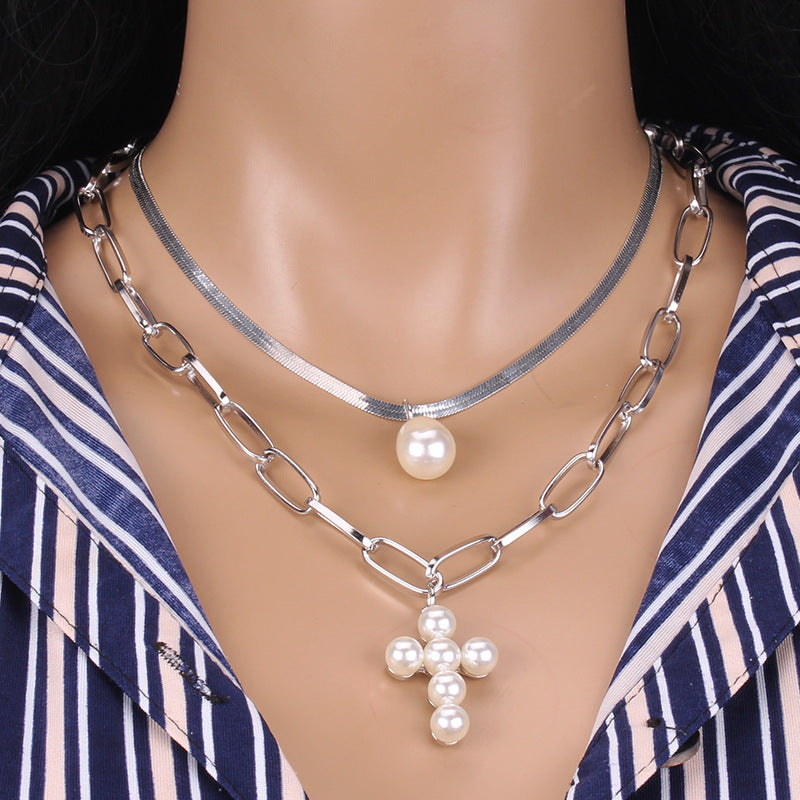 Jewelry Double Pearl Cross Necklace Trend Retro Ins Simple Snake Chain Sweater Chain Female